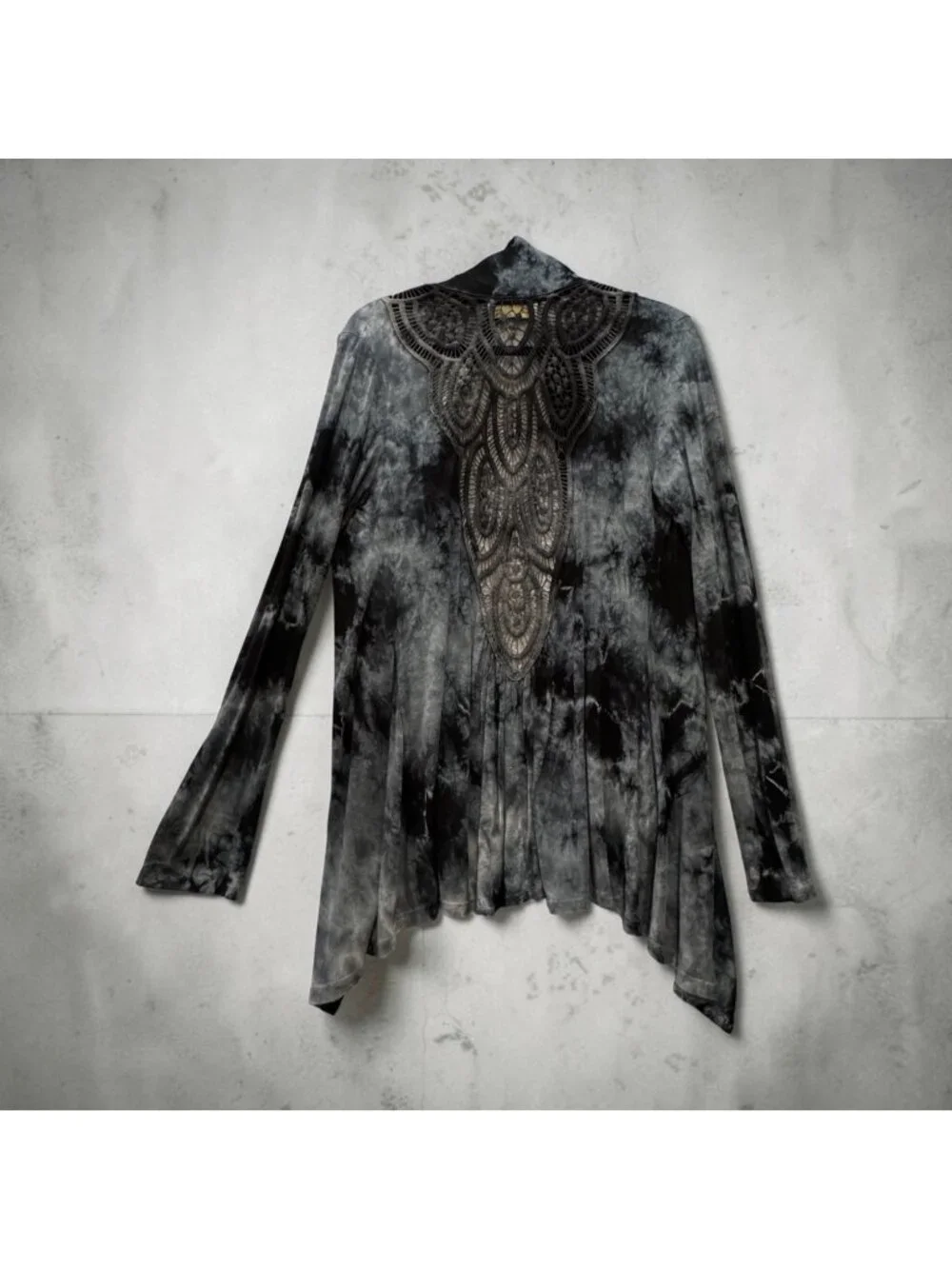 Nature Art Lynn Yang Tie Die Top Open Front Size M Whimsygoth Scarf Hem Lace - Picture 1 of 9